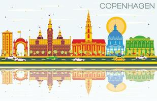 Copenhagen Skyline with Color Landmarks, Blue Sky and Reflections. vector