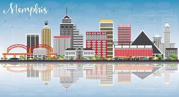 Memphis Skyline with Color Buildings, Blue Sky and Reflections. vector