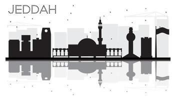 Jeddah City skyline black and white silhouette with reflections. vector