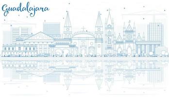 Outline Guadalajara Skyline with Blue Buildings and Reflections. vector