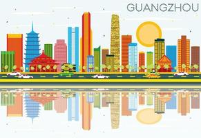 Guangzhou Skyline with Color Buildings, Blue Sky and Reflections. vector