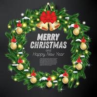 Christmas Wreath with Green Fir Branch, Light Garland and Golden Bells on Black Background. vector