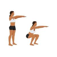 Woman doing bodyweight squat exercise. Flat vector illustration isolated on white background