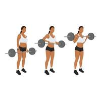 Woman doing Barbell drag bicep curls exercise. 21 bicep exercise. 7 Steps.Arm workout. Flat vector illustration of a fitness man isolated on white background