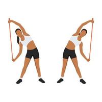 Woman doing side bends with long resistance band exercise. Flat vector illustration isolated on white background