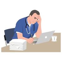 Working during COVID-19 epidemic concept. Portrait of stressed man doctor cartoon character wearing working uniform feeling stressed with laptop and paper in front of him vector