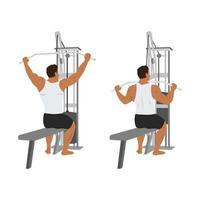 hombre haciendo sentado amplio grup lat pulldown plano vector ilustración aislado sobre fondo blanco