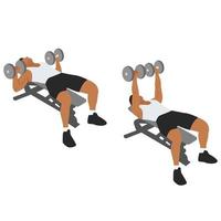 Man doing dumbbell flat bench press. Chest exercise flat vector illustration isolated on white background