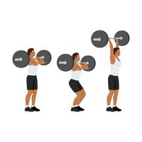 Man doing Barbell push and press exercise. Flat vector illustration isolated on white background