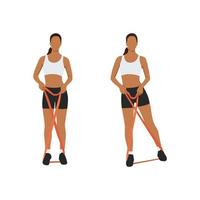 Woman doing outer thighs raises with long resistance band exercise. Flat vector illustration isolated on white background