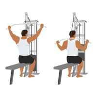 Man doing Behind the neck lat pulldown flat vector illustration isolated on white background