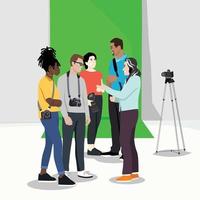 Photographer team briefing inside a studio with green screen behind. Flat vector illustration isolated on white background