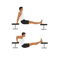 Man doing Chair. bench tricep dips exercise. Flat vector illustration isolated on white background