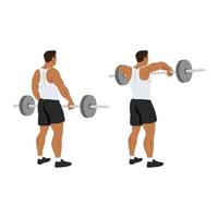 Man doing barbell upright row exercise flat vector illustration isolated on white background