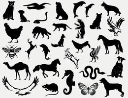 conjunto de siluetas de animales, perros, mamíferos, pájaros, insectos, reptiles y criaturas marinas ilustraciones de animales en blanco y negro vector