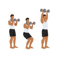 Man doing Dumbbell push and press exercise. Flat vector illustration isolated on white background