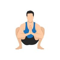 Man doing yoga, sitting in malasana garland pose. Flat vector illustration isolated on white background