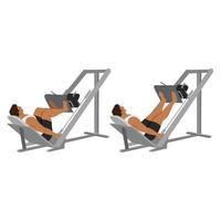 Man doing leg press exercise on machine. Flat vector illustration isolated on white background