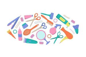 Hairdressing tool kit for beauty salon or home use. Vector illustration of doodle icons for self and hair care. Comb, razor, hair dryer, curling iron and other items