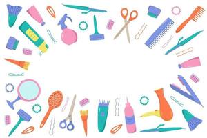 Hairdressing tool kit for beauty salon or home use. Vector illustration of doodle icons for self and hair care. Comb, razor, hair dryer, curling iron and other items