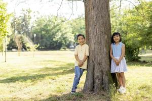 niños asiáticos posando junto al árbol en el parque foto