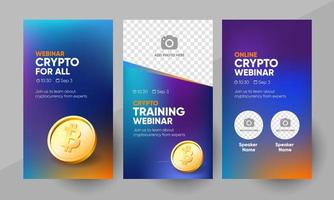 Crypto online webinar social media story template. Background and bitcoin illustration for cryptocurrency webinar banner design with a place for a picture in vector. vector