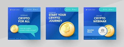 Crypto online webinar social media post template. Background and bitcoin illustration for cryptocurrency webinar banner design in vector. vector