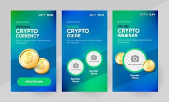 Crypto online webinar social media story template. Background and bitcoin illustration for cryptocurrency webinar banner design with a place for a picture in vector. vector