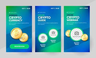 plantilla de historia de medios sociales de seminario web en línea crypto. ilustración de fondo y bitcoin para el diseño de banner de seminario web de criptomonedas con un lugar para una imagen en vector. vector