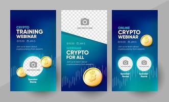 Crypto online webinar social media story template. Background and bitcoin illustration for cryptocurrency webinar banner design with a place for a picture in vector. vector