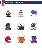 Modern Set of 9 Flat Filled Lines and symbols on USA Independence Day such as day presidents usa hat party Editable USA Day Vector Design Elements