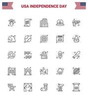 paquete de 25 líneas de celebración del día de la independencia de EE. UU. Signos y símbolos del 4 de julio, como la seguridad de la oficina del ejército de animales, elementos de diseño vectorial del día de EE. UU. editables estadounidenses vector