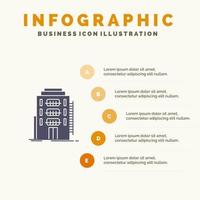 edificio ciudad dormitorio hostal hotel sólido icono infografía 5 pasos presentación antecedentes vector