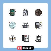 Mobile Interface Filledline Flat Color Set of 9 Pictograms of louck squarico dinner space moon Editable Vector Design Elements