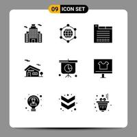 Group of 9 Solid Glyphs Signs and Symbols for browser presentation theme graph house Editable Vector Design Elements