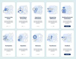 Principles of learning light blue onboarding mobile app screen set vector