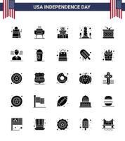 Happy Independence Day USA Pack of 25 Creative Solid Glyph of drum usa building sight landmark Editable USA Day Vector Design Elements