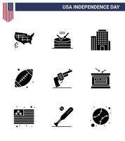 9 USA Solid Glyph Signs Independence Day Celebration Symbols of weapon gun building usa footbal Editable USA Day Vector Design Elements