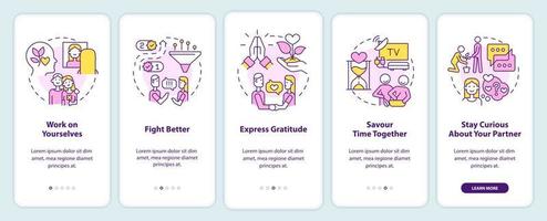 How to save relationship onboarding mobile app screen. Fight better walkthrough 5 steps editable graphic instructions with linear concepts. UI, UX, GUI template. vector