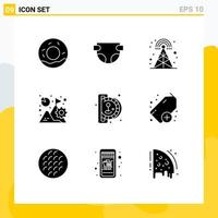 Pack of 9 Modern Solid Glyphs Signs and Symbols for Web Print Media such as game insert coin radio mission graph Editable Vector Design Elements