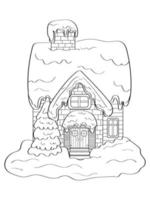 Winter house made of wood and bricks, with snow with Christmas tree, black outline isolated on white background, vector illustration, holiday decoration, coloring page