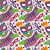 Hand drawn seamless pattern with carnival masks, hands and colourful abstract elements. White backgroud. pink, green, blue, purple colors. For new year prints, textiles, paper. vector