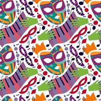 Hand drawn seamless pattern with carnival masks, hands and colourful abstract elements. White backgroud. pink, green, blue, purple colors. For new year prints, textiles, paper. vector