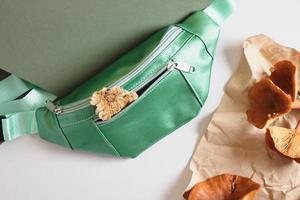 green belt bag and poisonous toadstools on a green and gray background, eco-leather from mushroom mycelium photo