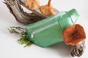 green belt bag made of eco-leather on a snag, vegan leather from mushroom mycelium concept photo