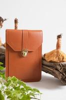 brown bag made of eco leather, driftwood and toadstools mushrooms on a gray background, leather from mushroom