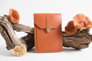 brown bag and mushrooms on driftwood, gray background, eco leather from mushroom mycelium photo