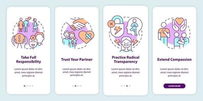 Fixing relationship onboarding mobile app screen. Take responsibility walkthrough 4 steps editable graphic instructions with linear concepts. UI, UX, GUI template. vector