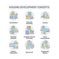 conjunto de iconos de concepto de desarrollo de vivienda. procesos de construcción de edificios idea ilustraciones en color de línea delgada. símbolos aislados. trazo editable. vector