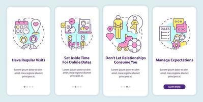 Fixing long-distance relationship onboarding mobile app screen. Visits walkthrough 4 steps editable graphic instructions with linear concepts. UI, UX, GUI template. vector